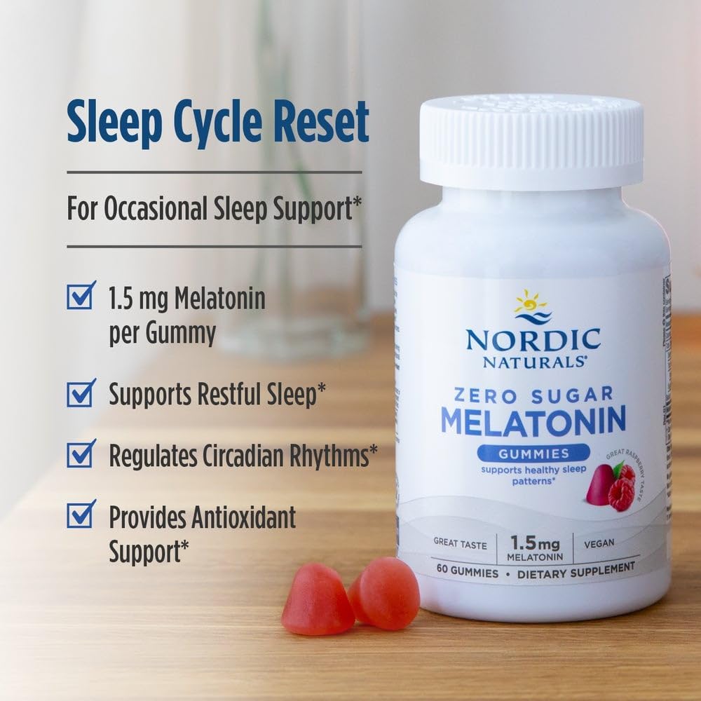 Nordic Naturals Melatonin Gummies, Sugar Free, 1.5mg Raspberry - 60 Count | Zero sugar melatonin gummies w/ 1.5 mg per serving for restful sleep and antioxidant support. Raspberry flavor, vegan formula