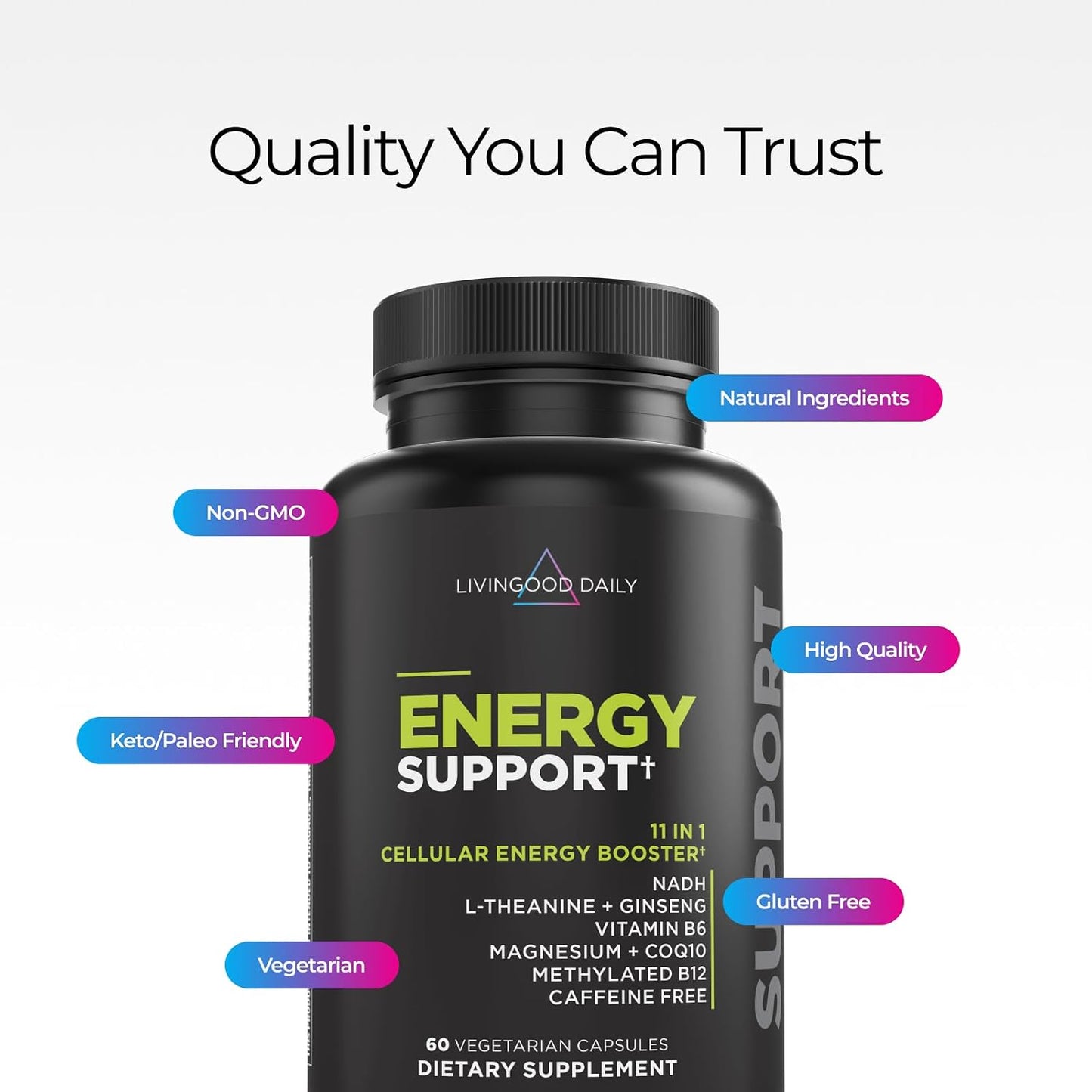 Livingood Daily Energy Support, 11-in-1 Supplement with Magnesium, Vitamin B6, B12, Amino Acids, L Carnitine, CoQ10, Ginseng & L Theanine, Supports Natural Energy for Men & Women, Vegan, 60 Capsules