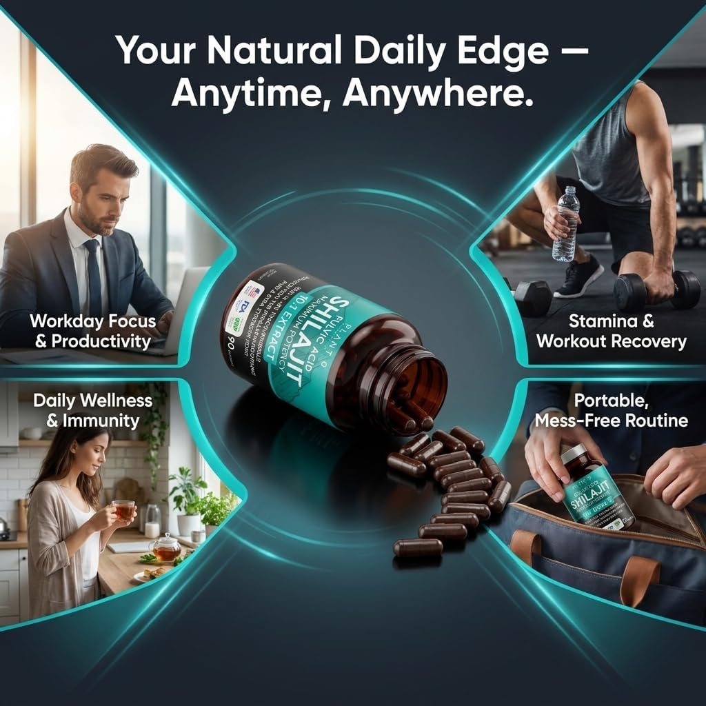Natural Himalayan Shilajit Capsules - 10:1 Extract Maximum Potency | Fulvic Acid + 85 Trace Minerals | Energy Boost, Immune Support, Cognitive Function | 90 Veggie Pills for Men & Women