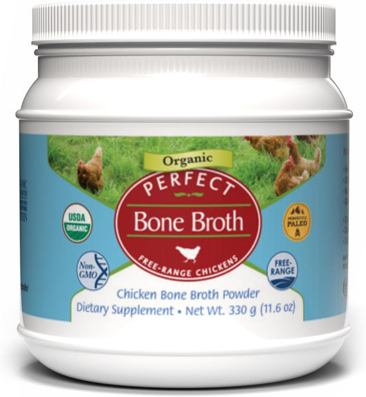 Perfect Organic Chicken Bone Broth Powder | Free Range Low Sodium Chicken Broth | Paleo & Keto Bone Broth Powder (330g) 30 Servings