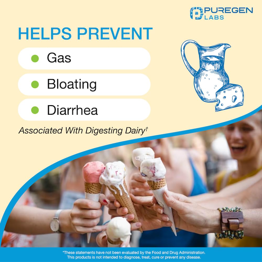 Puregen Labs Dairy Relief Natural Fast Acting Lactase Enzyme 3000 FCC, Lactose Intoleran