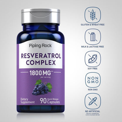 Piping Rock Resveratrol Complex | 90 Capsules | Ultra Potent Formula | Non-GMO, Gluten Free Supplement