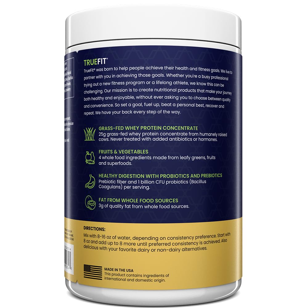 TrueFit Grass-Fed Whey Protein Powder + Fiber & Probiotics, Vanilla Shake | 25g Gut Healthy Protein with Fiber, Probiotics & Non-GMO Superfoods for Complete Meal Replacement Shake with Nothing Fake
