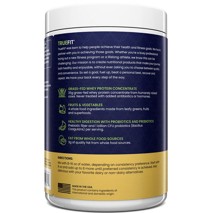 TrueFit Grass-Fed Whey Protein Powder + Fiber & Probiotics, Vanilla Shake | 25g Gut Healthy Protein with Fiber, Probiotics & Non-GMO Superfoods for Complete Meal Replacement Shake with Nothing Fake