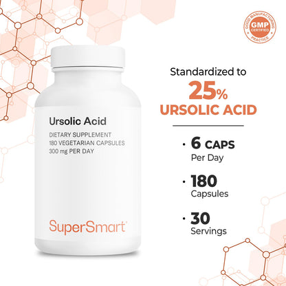 Supersmart - Ursolic Acid 300mg per Day (Well-Tolerated) - Rosemary Leaf Extract Supplement | Non-GMO & Gluten Free - 90 Vegetarian Capsules