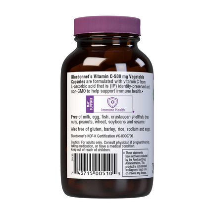 Bluebonnet Nutrition Vitamin C 1000 Mg Vegetable Capsules, Ascorbic Acid, for Immune Skin Health, Vegan, Vegetarian, Non GMO, Gluten, Soy & Milk Free, Kosher, 180 Count