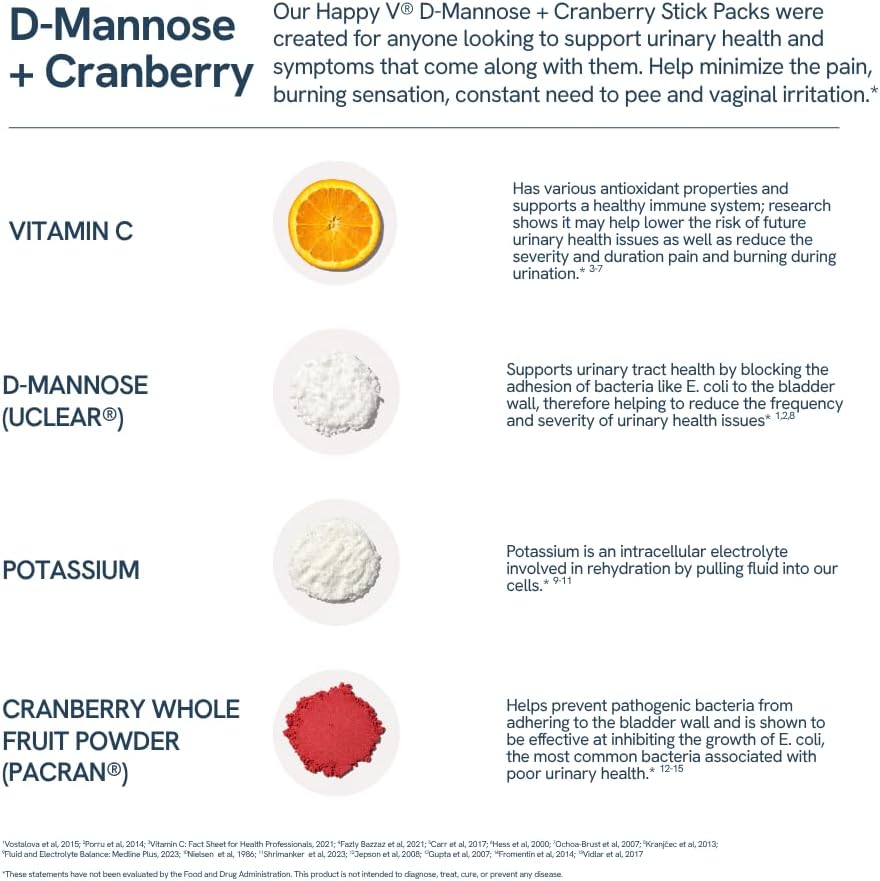 Happy V D-Mannose + Cranberry Stick Packs | Dr Formulated Urinary Tract Support Supplement | D Mannose Supplements for Women - Bladder Support - Promotes Urinary Comfort - 15 Stick Packs