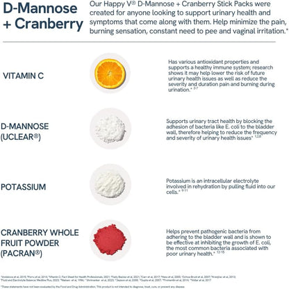 Happy V D-Mannose + Cranberry Stick Packs | Dr Formulated Urinary Tract Support Supplement | D Mannose Supplements for Women - Bladder Support - Promotes Urinary Comfort - 15 Stick Packs