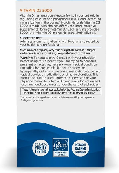 Nordic Naturals Vitamin D3 5000 IU,Non-GMO, Orange - 120 Mini Softgels | High-potency vitamin D3 for bone health, mood support & immune function. One mini softgel daily. Non-GMO. 120 servings