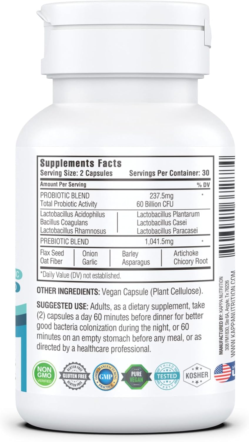 KAPPA NUTRITION Probiotic 60 Billion CFU 14 in 1 Formula with Prebiotics & Acidophilus for Women, Men & Adults, Shelf Stable, Acid Resistant, Natural Supplement 60 Capsules.