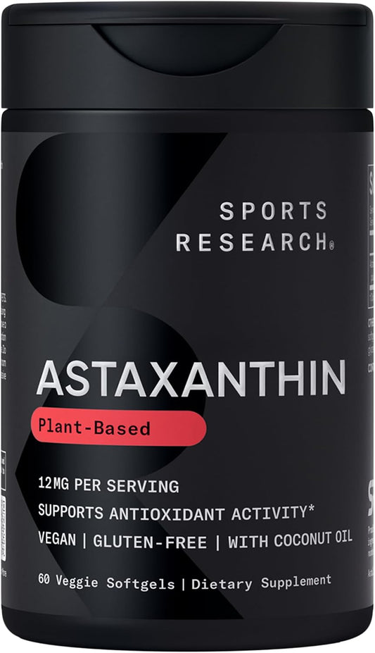 Sports Research Triple Strength Vegan Astaxanthin Supplement from Algae - Plant Based Softgels for Antioxidant Activity, Skin & Eye Health - Non-GMO Verified, Made with Coconut Oil - 12mg, 60 Count