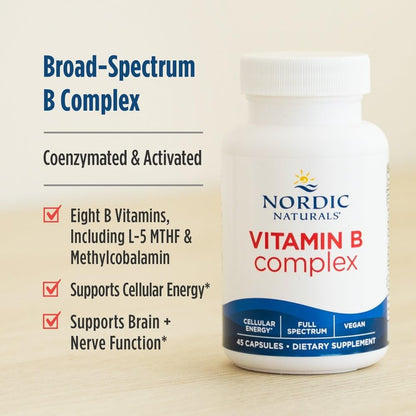 Nordic Naturals Vitamin B Complex, Energy Metabolism - 45 Capsules | 8 essential B vitamins: B1 Thiamine, B2 Riboflavin, B3 Niacin, B6, B12, B9 Folate, B7 Biotin, B5 Pantothenic Acid. Non-GMO