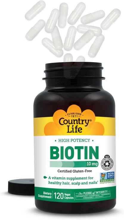 Country Life High-Potency Biotin 10mg - Vegan & Gluten-Free Biotin Supplement for Skin & Nails, Energy Metabolism - Biotin 10000mcg Capsules