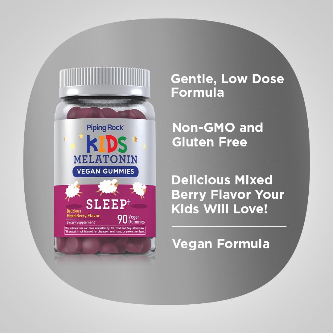 Piping Rock Kids Melatonin Gummies | 1mg | 90 Count | Supplement for Children | Mixed Berry Flavor | Vegan, Non-GMO, Gluten Free | Mixed Berry Flavor | Vegan, Non-GMO, Gluten Free