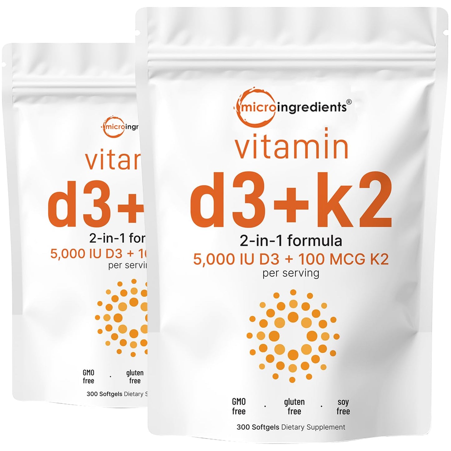 Micro Ingredients Vitamin D3 5,000 IU + K2 MK-7 100 mcg, 300 Softgels | 2-in-1 Vitamins D & K Complex | Extra Strength, Easy to Swallow, Non-GMO, Gluten Free