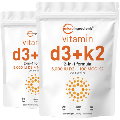 Micro Ingredients Vitamin D3 5,000 IU + K2 MK-7 100 mcg, 300 Softgels | 2-in-1 Vitamins D & K Complex | Extra Strength, Easy to Swallow, Non-GMO, Gluten Free