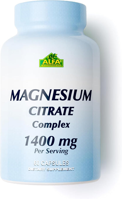Magnesium Citrate 1400 mg by Alfa Vitamins - Supports Nerve & Muscle Function - Helps Energy Production - 60 Capsules
