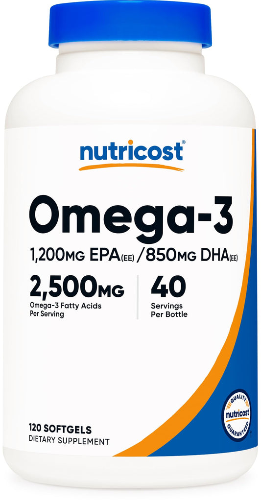 Nutricost Omega 3 Fish Oil (2500MG) 120 Softgels, 40 Servings | Fish Oil, Wild Caught! 1200mg EPA 850mg DHA, GMO-Free, Gluten Free