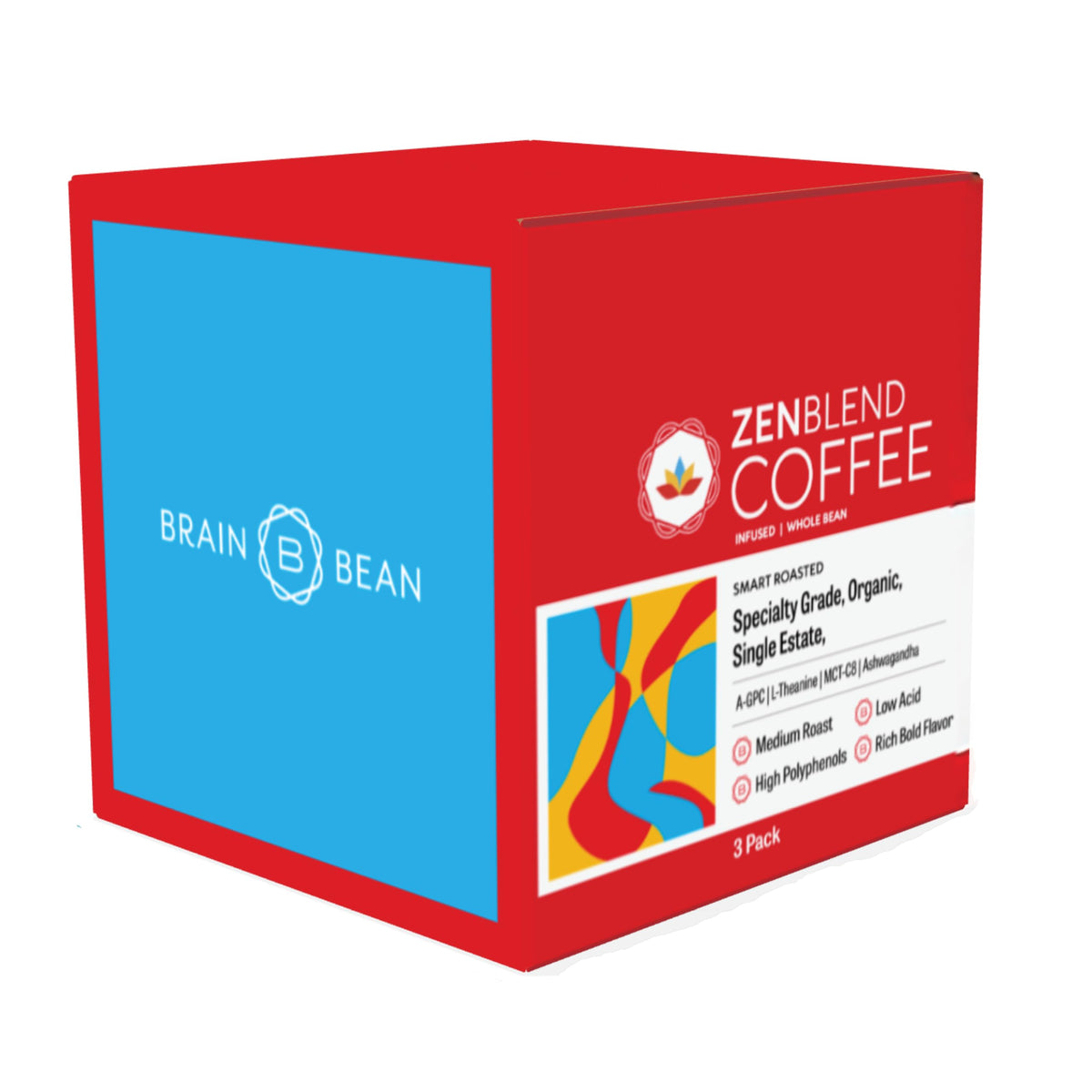 Brain Bean Zen-Blend Organic Coffee Whole Bean with Caprylic Acid MCT (C-8), A-GPC, L-Theanine & Ashwagandha Extract - Premium Grade Organic Coffee Beans for Focus & Calm Support (16 Oz)