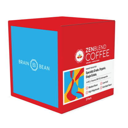 Brain Bean Zen-Blend Organic Coffee Whole Bean with Caprylic Acid MCT (C-8), A-GPC, L-Theanine & Ashwagandha Extract - Premium Grade Organic Coffee Beans for Focus & Calm Support (16 Oz)