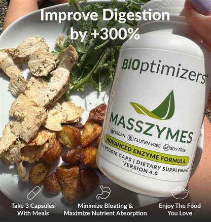 BIOptimizers MassZymes Digestive Enzymes - Probiotic Breakthrough Bundle – Gut Health & Bloating Relief – Prebiotic & Enzyme Support for Digestion, Energy, Health & Recovery – 180 Vegan Capsules