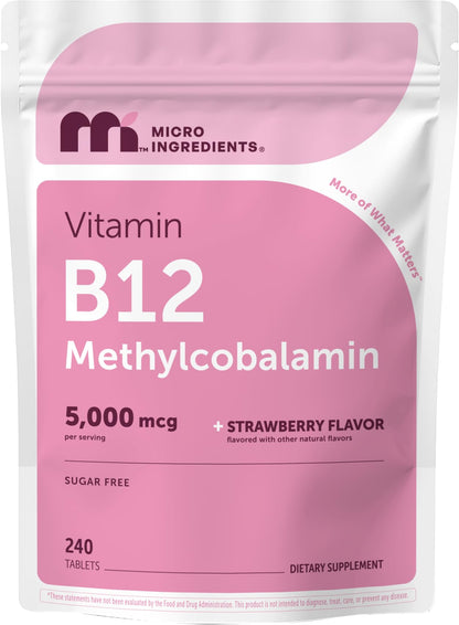 Micro Ingredients Vitamin B12 5,000 mcg | Methylcobalamin – 240 Chewable Tablets | Fast Dissolve, Natural Strawberry Flavor | Vegan, Non-GMO, Gluten Free - 1`