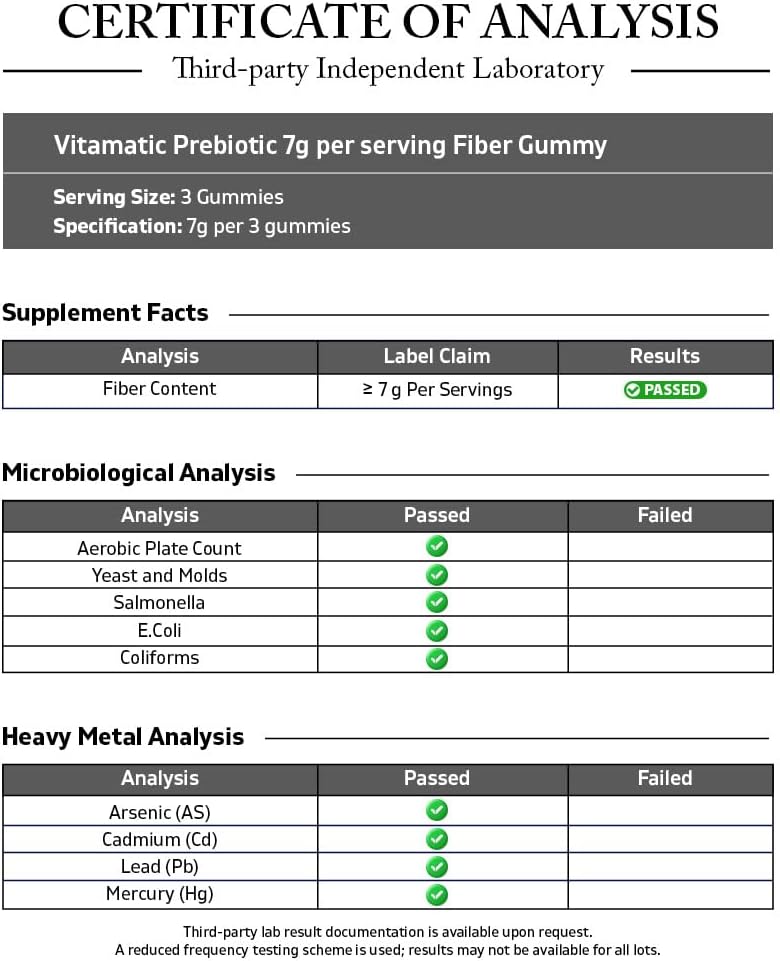 Vitamatic Prebiotic Fiber Gummies for Adults, 7G Extra Strength, Zero Sugar Added, 240 Pectin Based Gummies, Digestive Health & Regularity Support