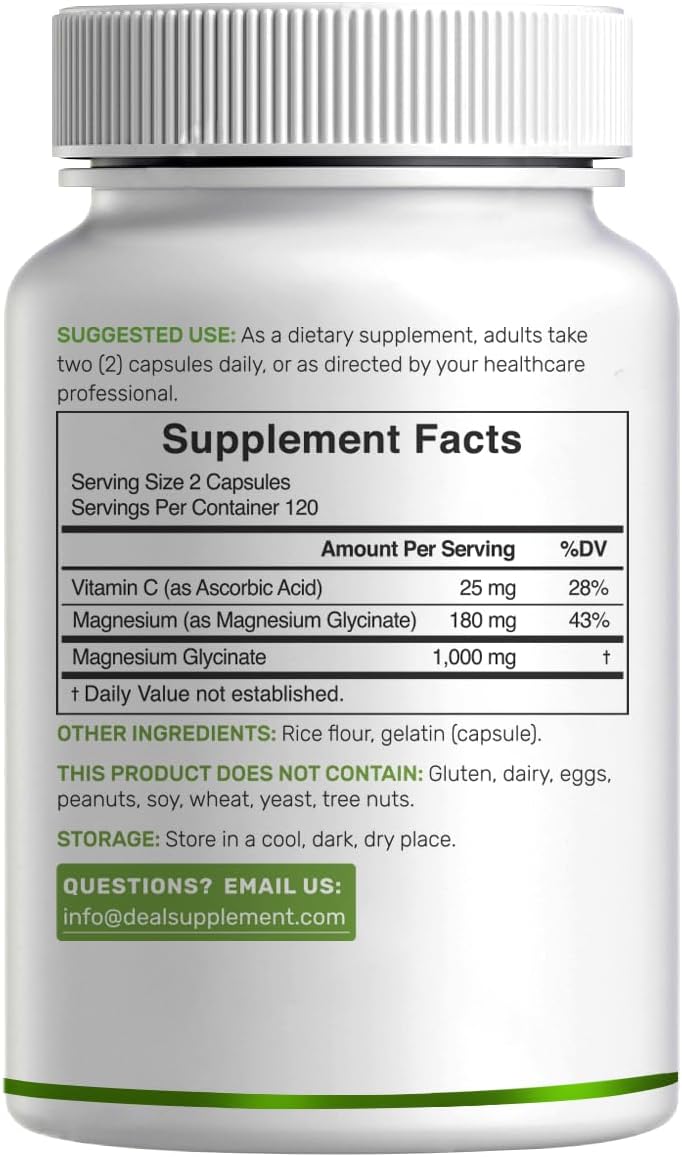 Magnesium Glycinate 500mg Per Capsule (1000mg Per Serving) Plus Vitamin C, 240 Capsules – 100% Chelated for Easy Absorption – Essential Mineral Supplement