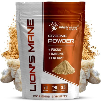 WELLNESS LABSRX Lions Mane Powder, Mushroom Supplement - 2000mg - Lions Mane Supplement - Lion's Mane Mushroom Powder Brain Supplements for Memory and Focus, Immune Support and Health - 120 Servings