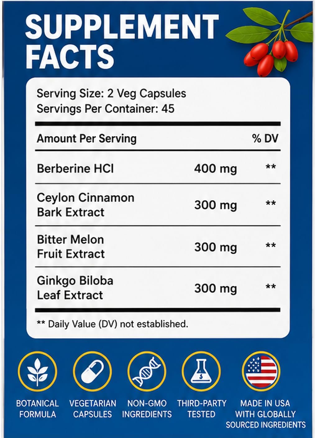 AJS Berberine HCl Supplement with Ceylon Cinnamon Bark, Bitter Melon Fruit