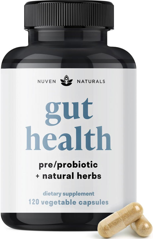 Nuven Naturals All-in-One Gut Health w/Probiotics, Prebiotics, Digestion-Supporting Herbs, and Adaptogens - Leaky Gut Repair Formula to Support Gut Lining, Aid in Digestion, and Promote Good Bacteria | Gut Health for Women & Men to Support Digestive Healt