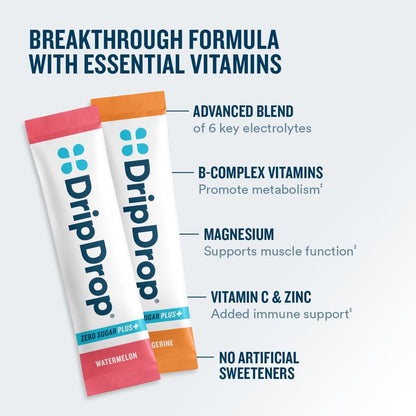 DripDrop Hydration Zero Sugar Plus Electrolyte Packets, Bundle, 16 Ct | Raspberry Lemonade, Watermelon, Tangerine, Tropical Punch, Strawberry Kiwi, Peach, Cherry Limeade, Wild Berry; Sugar Free