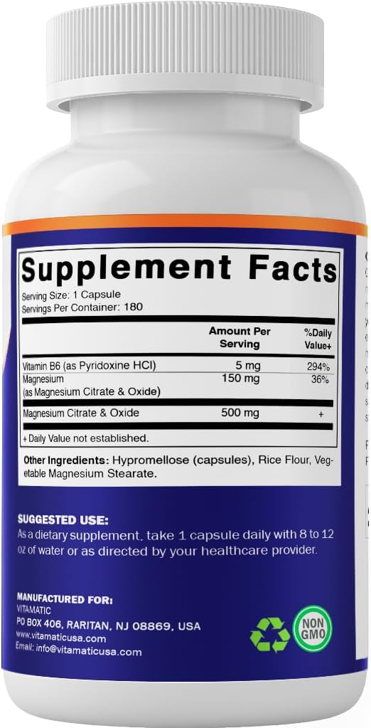 Vitamatic Magnesium Citrate 500mg per Serving - 180 Vegetarian Capsules (Provides 150 mg of Elemental Magnesium) - Added B6 for Maximum Absorption - Supports Muscle, Joint, and Heart Health*