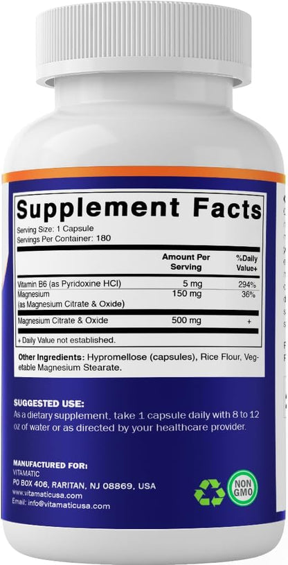 Vitamatic Magnesium Citrate 500mg per Serving - 180 Vegetarian Capsules (Provides 150 mg of Elemental Magnesium) - Added B6 for Maximum Absorption - Supports Muscle, Joint, and Heart Health*