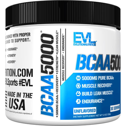 Evlution EVL BCAAs Amino Acids Powder - BCAA Powder Post Workout Recovery Drink and Stim Free Pre Workout Energy Drink Powder - 5g Branched Chain Amino Acids Supplement for Men - Unflavored Powder