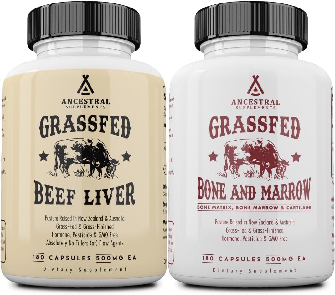 Ancestral Supplements Grass-Fed Beef Liver & Bone Marrow Capsules, 3000mg, Supports Energy, Digestion, Immunity, Skin, Oral Health, Joint Wellness, Non-GMO, Freeze-Dried, 180 Capsules