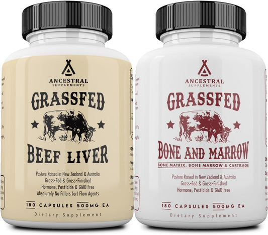 Ancestral Supplements Grass-Fed Beef Liver & Bone Marrow Capsules, 3000mg, Supports Energy, Digestion, Immunity, Skin, Oral Health, Joint Wellness, Non-GMO, Freeze-Dried, 180 Capsules