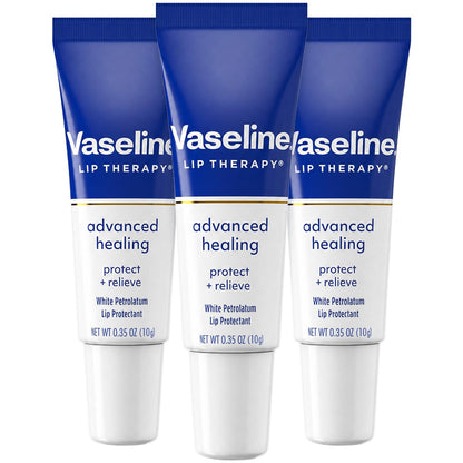 Vaseline Lip Therapy Advanced Healing 3-Pack – White Petroleum Moisturizing Lip Balm for Extremely Dry Lips, 0.35 Oz Ea