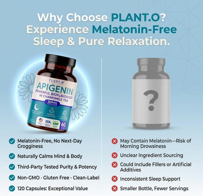 PLANT.O NUTRITION Apigenin 50mg Supplement for Sleep Support & Relaxation - Melatonin Free Bioflavonoid Capsules Found in Chamomile Tea, Third Party Tested, Gluten Free, 60 Capsules