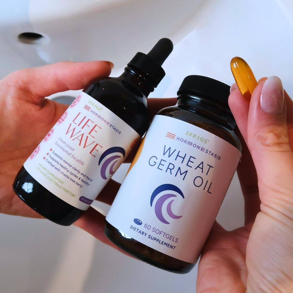SPRIGS Life Wave Phase 2 Hormonal Support Kit for Women | Supplements for Healthy Hormone Balance, Regular Menstrual Cycle, Balanced Mood & Fertility | 4Oz Herbal Tincture & 60 Wheat Germ Oil Softgels