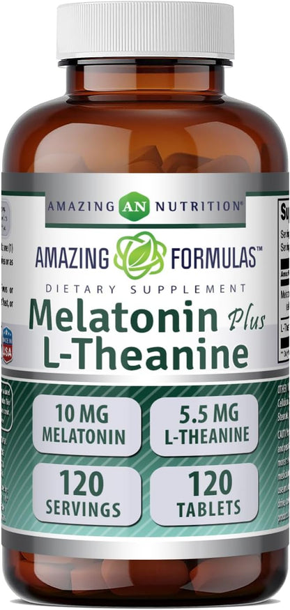 Amazing Formulas Melatonin 10 Mg Plus L-Theanine 5.5 Mg Supplement | Tablets | Non-GMO | Gluten Free | Made in USA | (1 Pack, 120 Tablets)