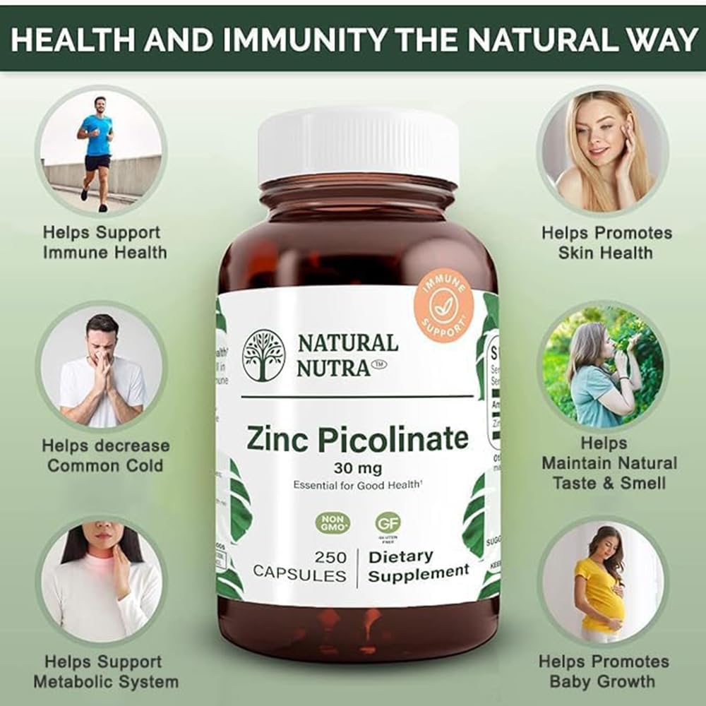 Natural Nutra Zinc Picolinate 30 mg, Double Strength, Raw and Pure, Highly Bioavailable Supplement for Growth and Immune Support, Helps Promote Skin Health, Helps Support Metabolic System 100 Capsules