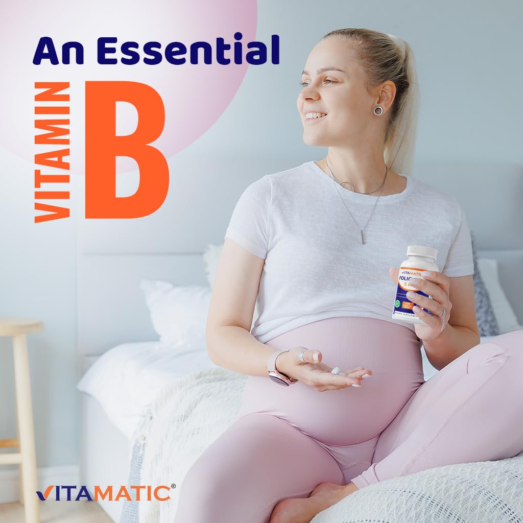 Vitamatic Folic Acid 5 mg (5,000 mcg), 120 Vegetarian Tablets | Vitamin B9 | 8,333 mcg DFE Foalte, Support Red Blood Cell Formation*, Heart & Nervous System Health*, Non GMO, Gluten Free, Made in USA