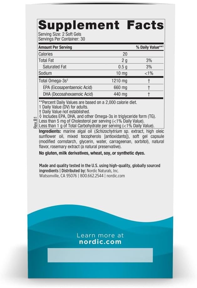 Nordic Naturals Vegan Omega-3, Algae-Based - 1210mg EPA+DHA - 60 Soft Gels | Plant-Based EPA & DHA. Brain & Heart Support. Lemon Flavor. Made from Algae. Non-GMO. Vegan. 30 Servings.
