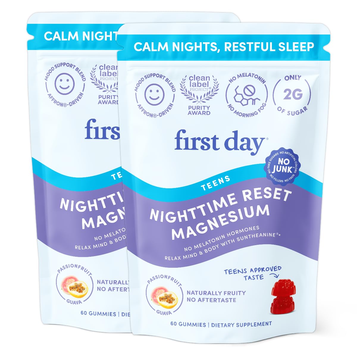 FIRST DAY Calm Magnesium for Teens Gummies, Affron, No Melatonin, 60 Count | Passionfruit-guava magnesium gummies with citrate and Affron; melatonin-free nighttime relaxation support for teens.