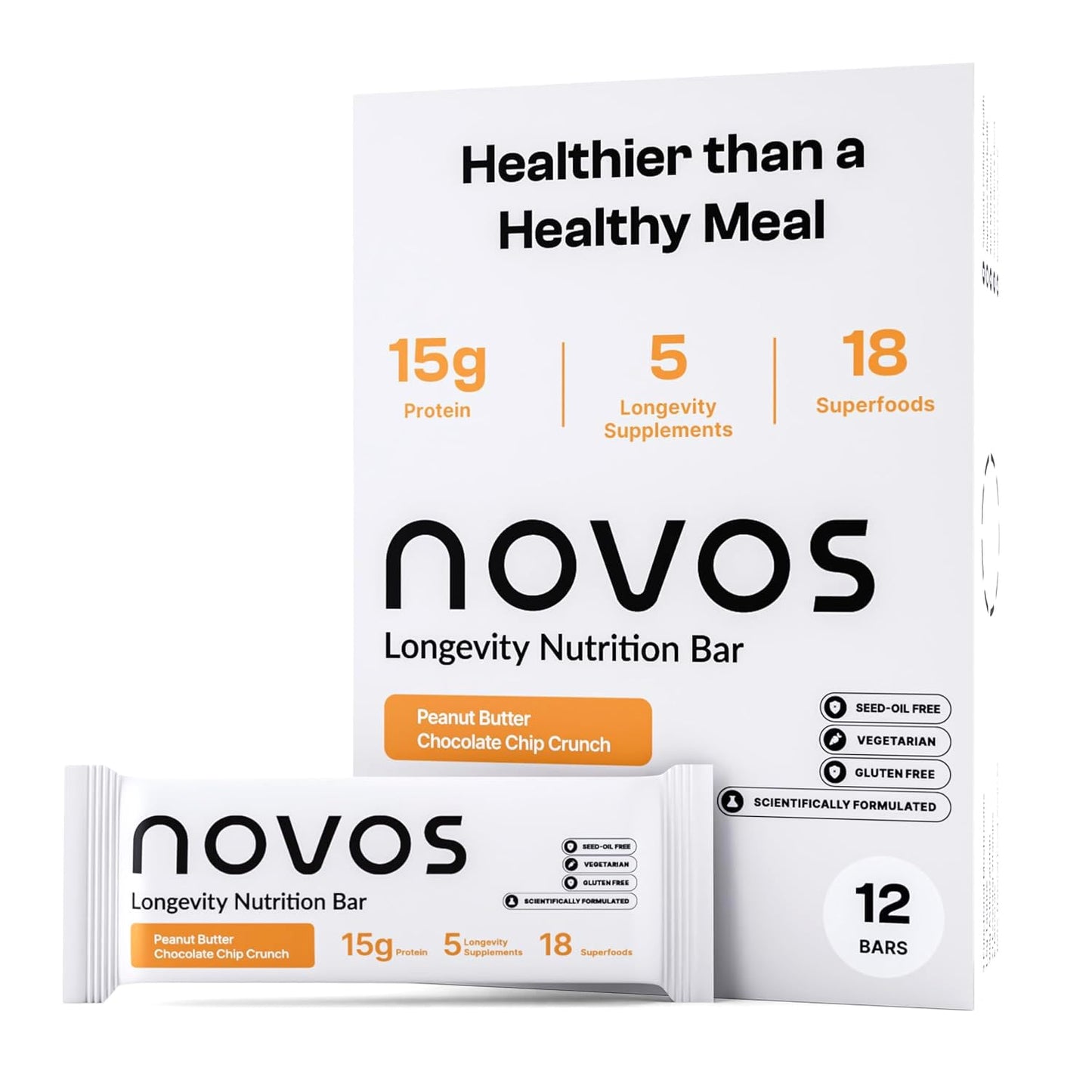 Novos Longevity Protein Bar | 15g Protein, 20 Superfoods, 5 Longevity Ingredients for Men & Women | Supports Skin, Mind & Mood | Mixed Berry Crunch (12-Pack)