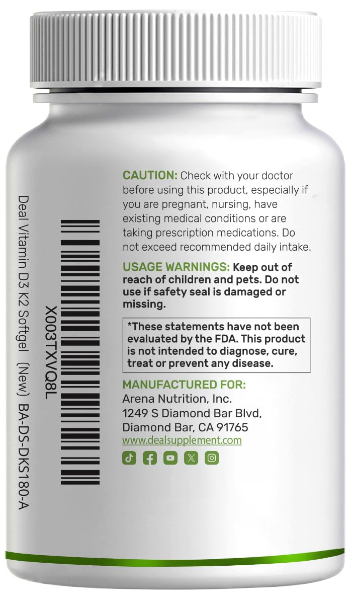 DEAL SUPPLEMENT Vitamin D3 5,000 IU + K2 MK7 Softgels, 250 Count | 2-in-1 Complex | Easy to Swallow