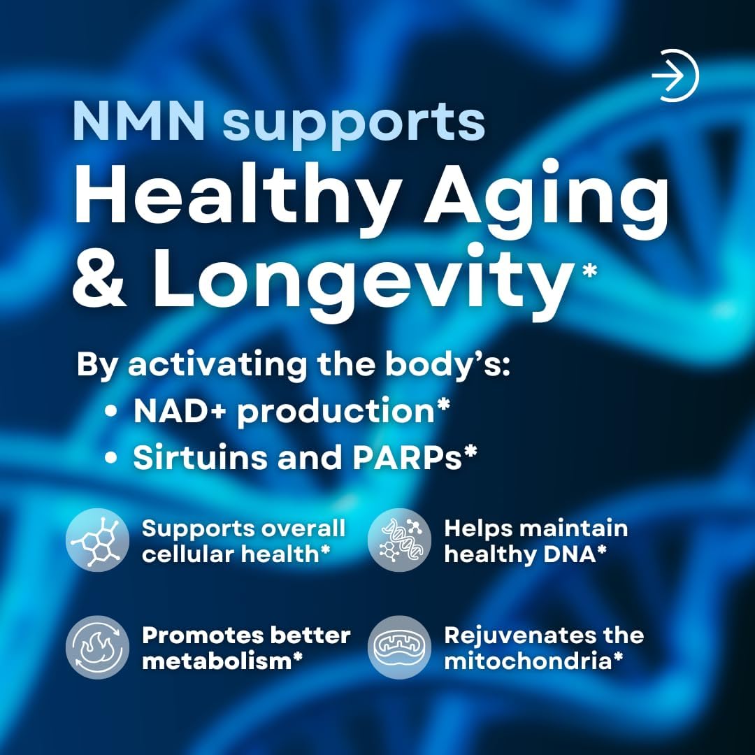 NMN 750mg Per Capsule - 99% Pure Nicotinamide Mononucleotide - Increased NAD+, Mitochondrial Function, Healthy Aging, Brain Health & Energy Support - 60 Capsules, Non GMO, Gluten Free Supplement