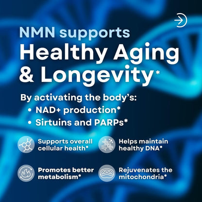 NMN 750mg Per Capsule - 99% Pure Nicotinamide Mononucleotide - Increased NAD+, Mitochondrial Function, Healthy Aging, Brain Health & Energy Support - 60 Capsules, Non GMO, Gluten Free Supplement