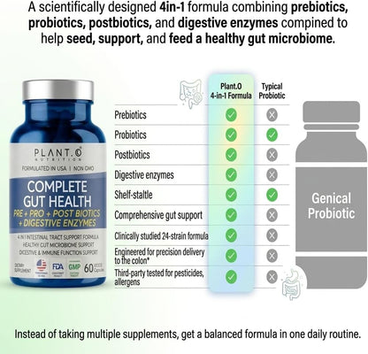4-in-1 Gut Health Support – Prebiotics + Probiotics + Postbiotics + Digestive Enzymes for Women and Men – DE111 Spore Probiotic for Digestive Support & Bloating – Non-GMO – 60 Veggie Capsules
